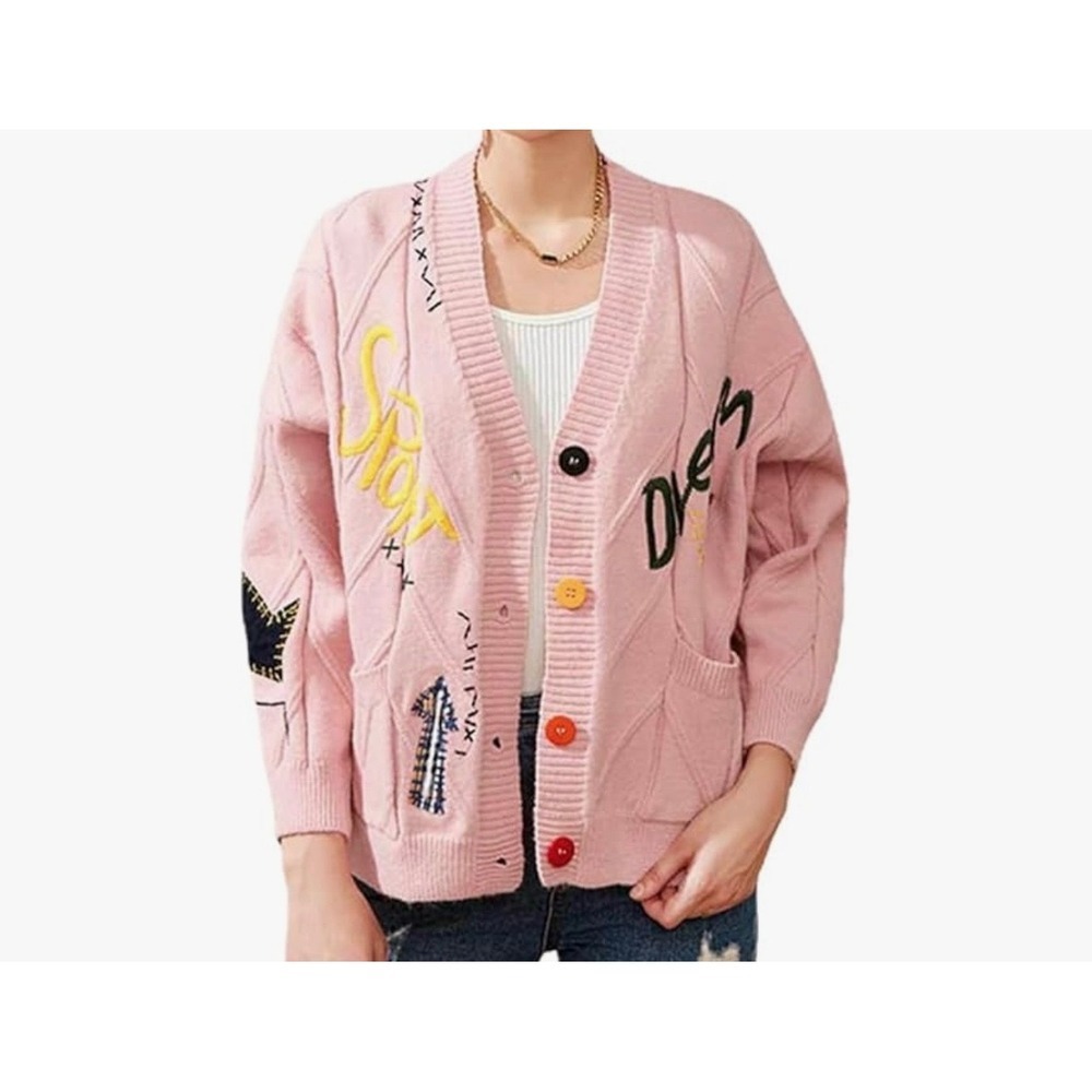 Pink Cable Knit Graphic Patchwork Cardigan Sweater Multi Color Button